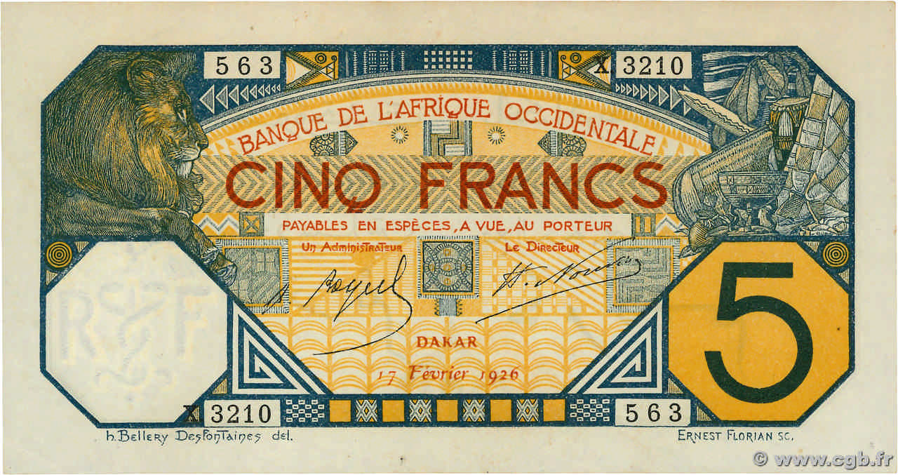 5 Francs DAKAR FRENCH WEST AFRICA Dakar 1926 P.05Bc fST
