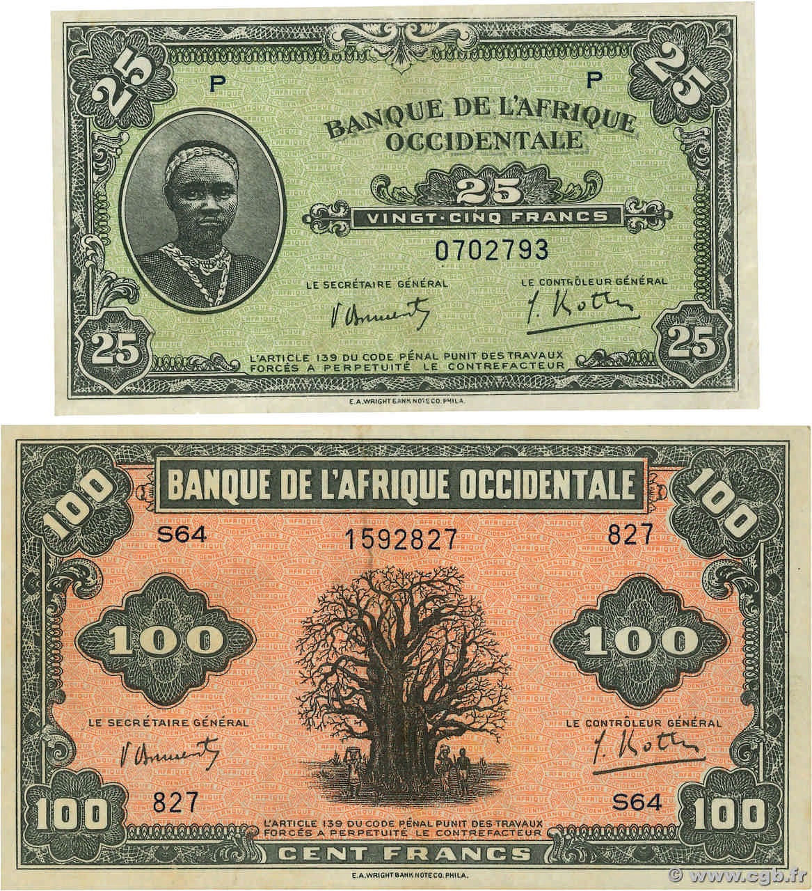 25 et 100 Francs Lot AFRIQUE OCCIDENTALE FRANÇAISE (1895-1958)  1942 P.30a et P.31 pr.SPL