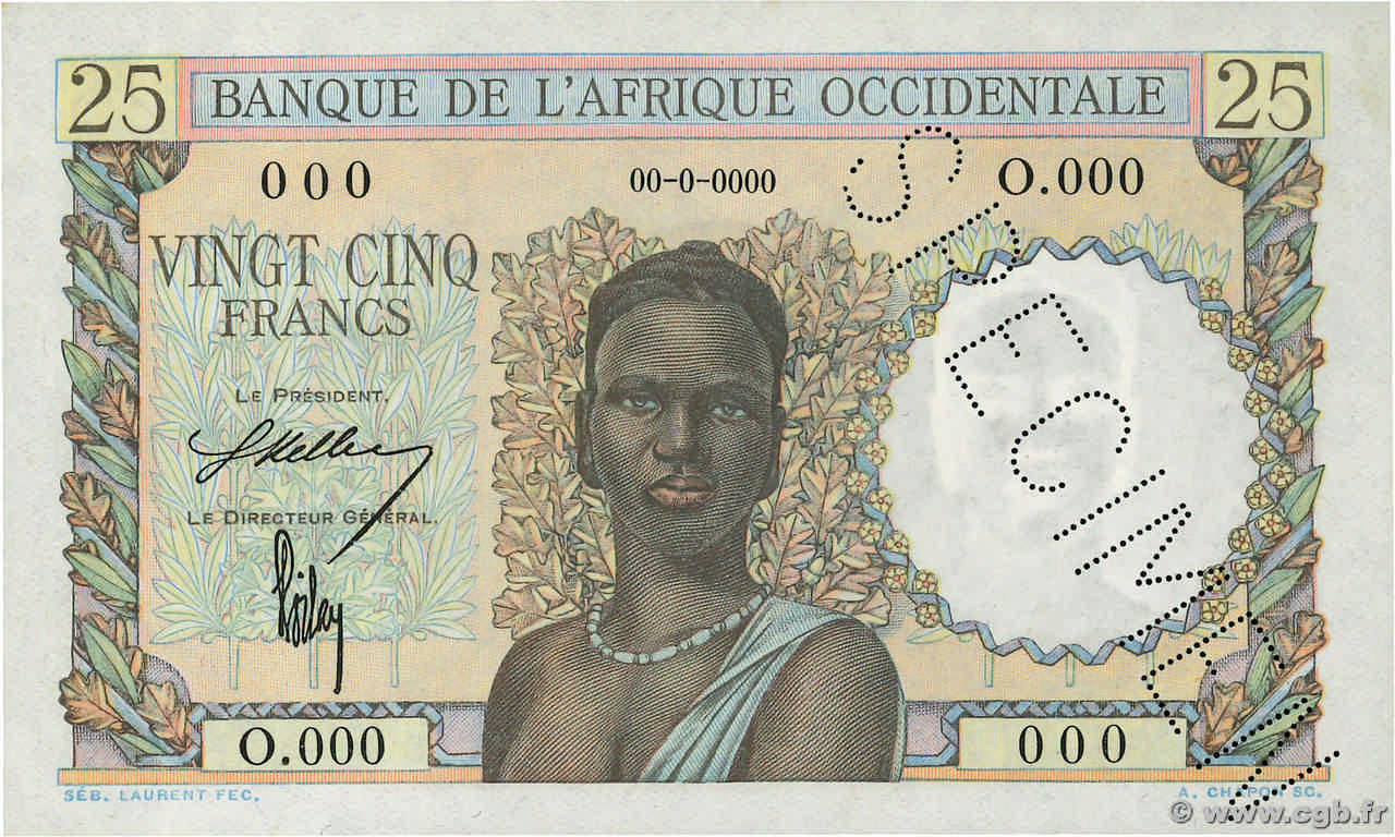 25 Francs Spécimen FRENCH WEST AFRICA (1895-1958)  1943 P.38s UNC