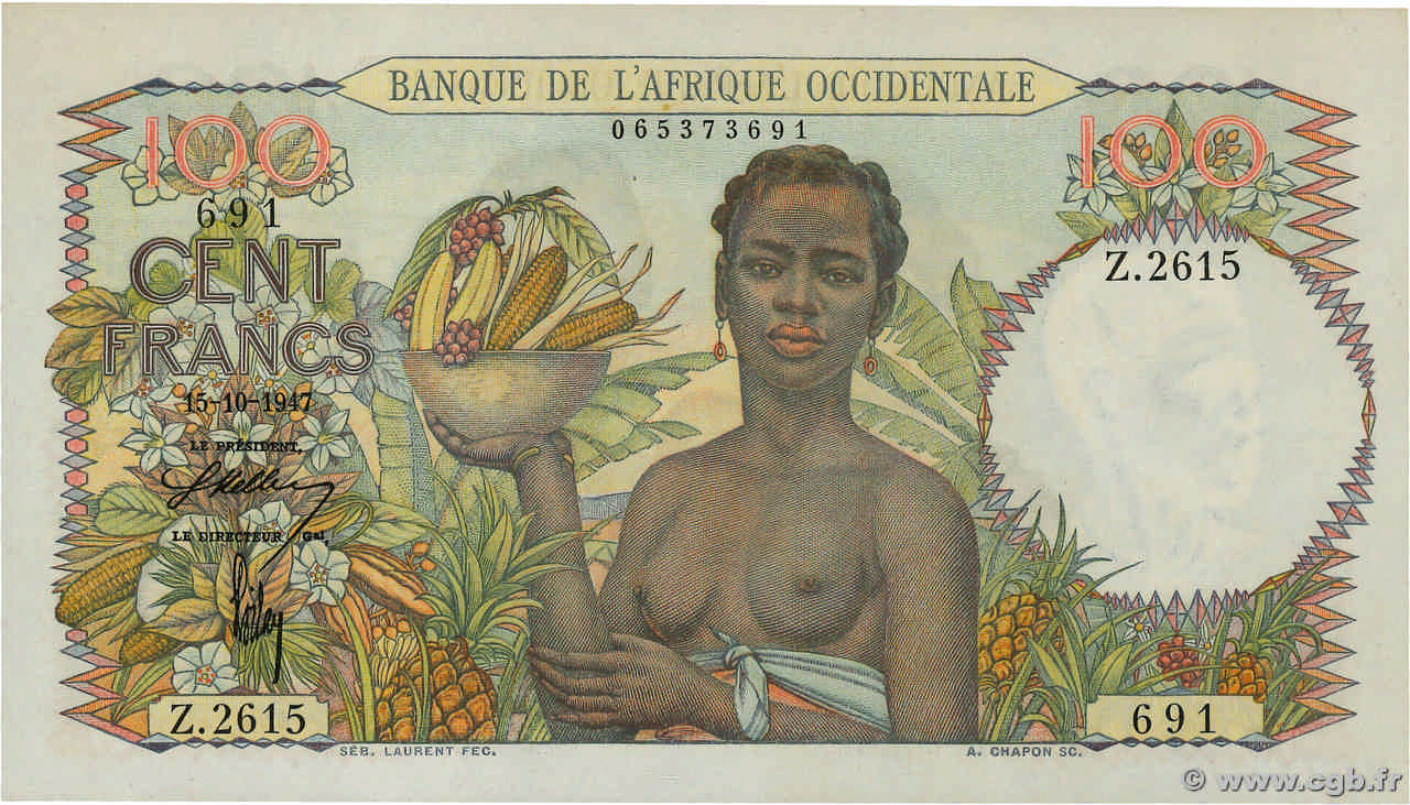 100 Francs FRENCH WEST AFRICA  1947 P.40 SC+