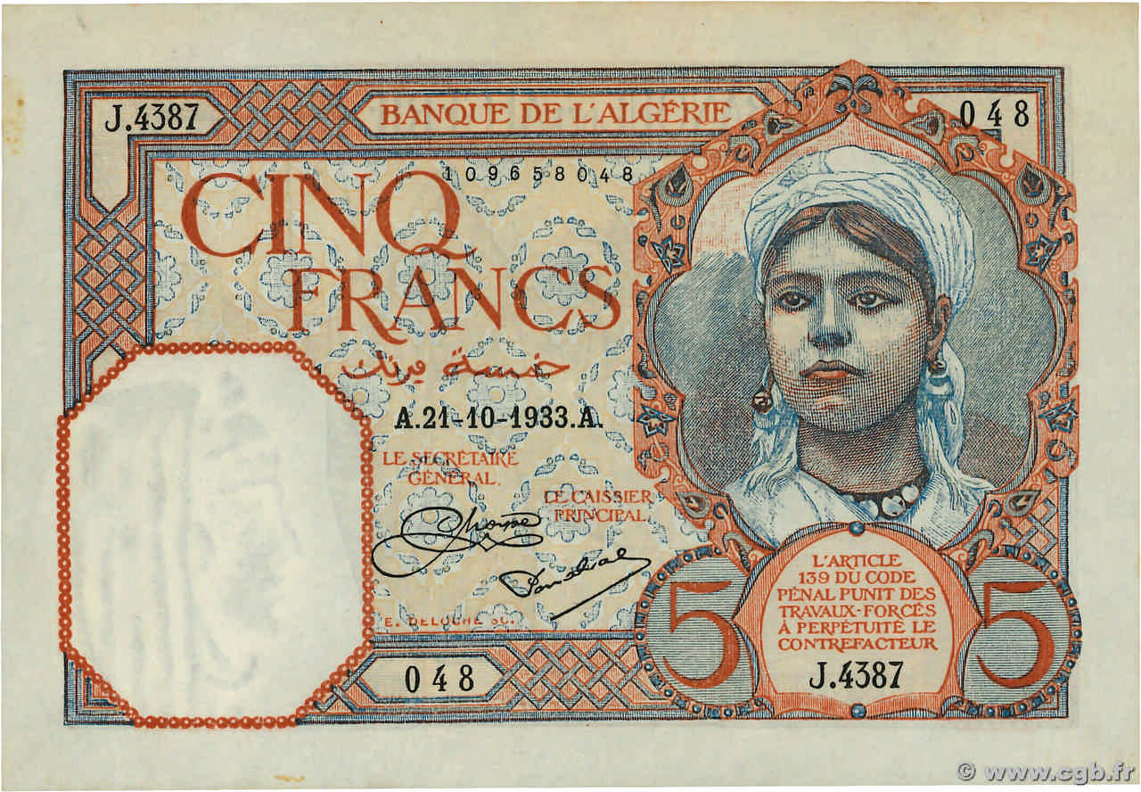 5 Francs ALGERIEN  1933 P.077a VZ