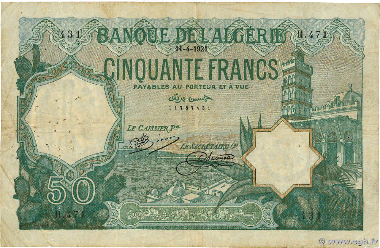 50 Francs ALGERIA  1921 P.080a F