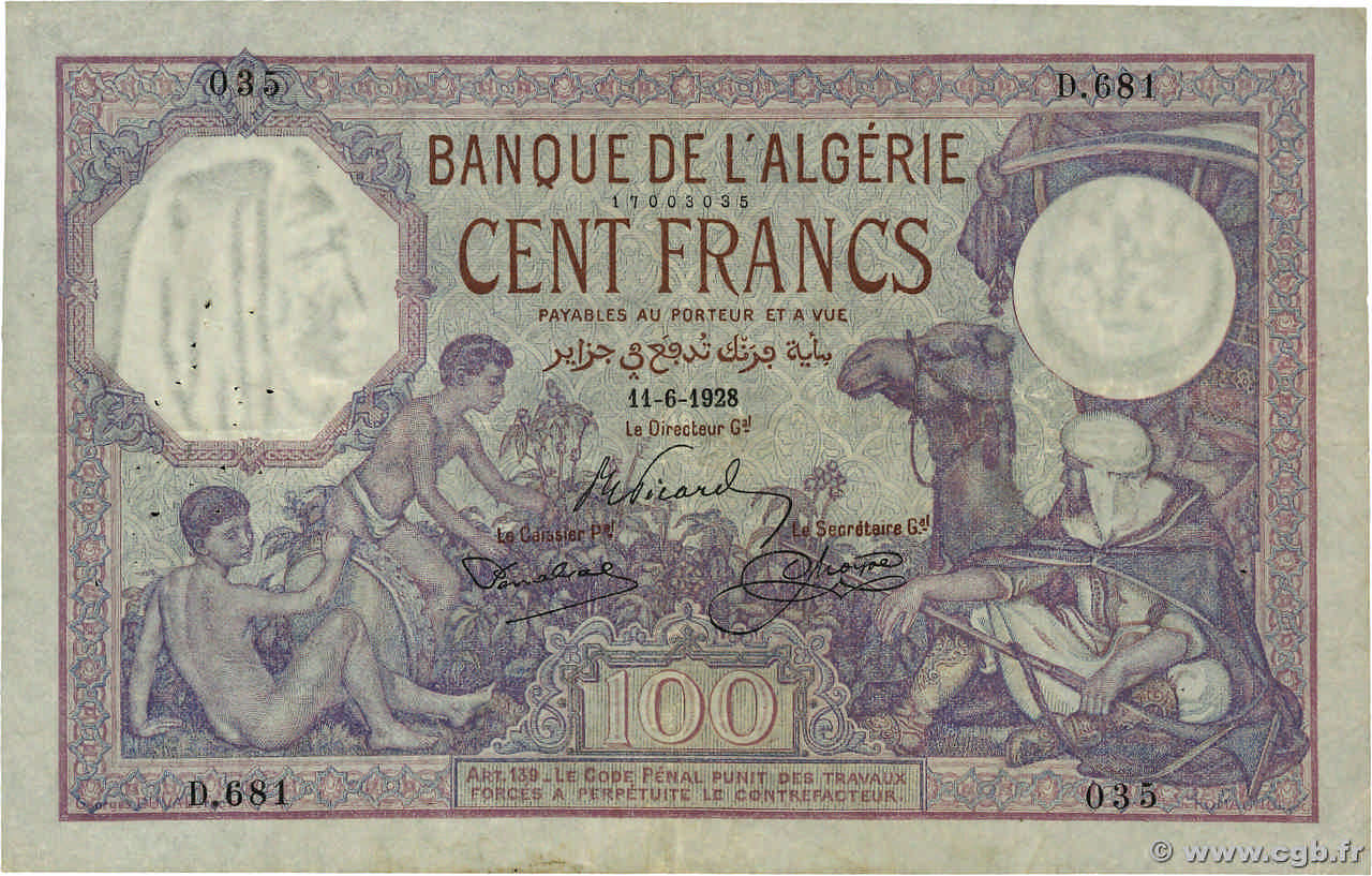 100 Francs ALGÉRIE  1928 P.081b pr.TTB