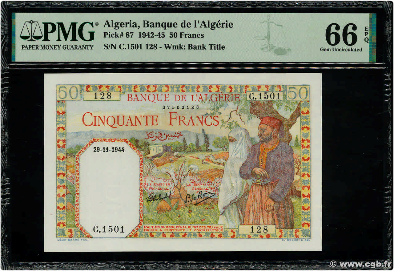 50 Francs ARGELIA  1944 P.087 FDC