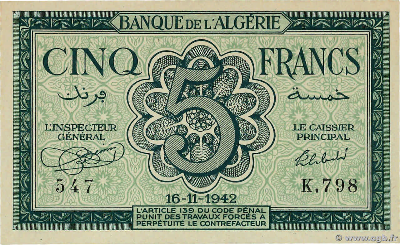 5 Francs ALGERIA  1942 P.091 UNC