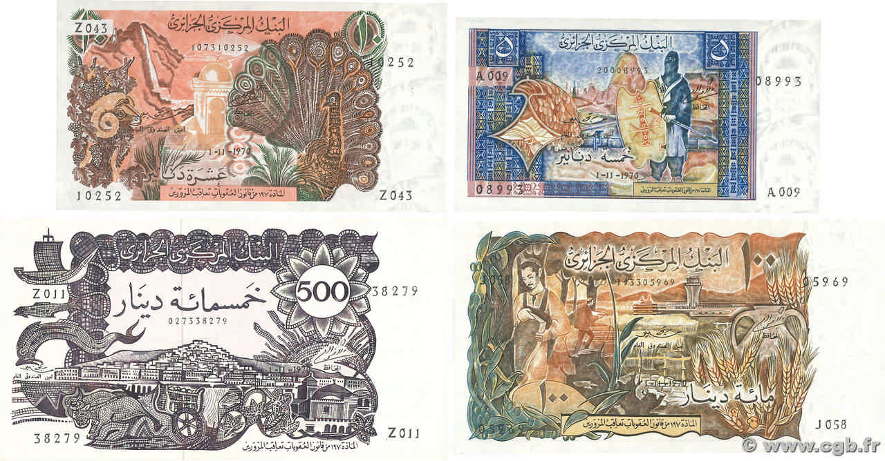 5, 10, 100 et 500 Dinars Lot ALGERIA  1970 P.126, P.127b, P.128b et P.129 AU+