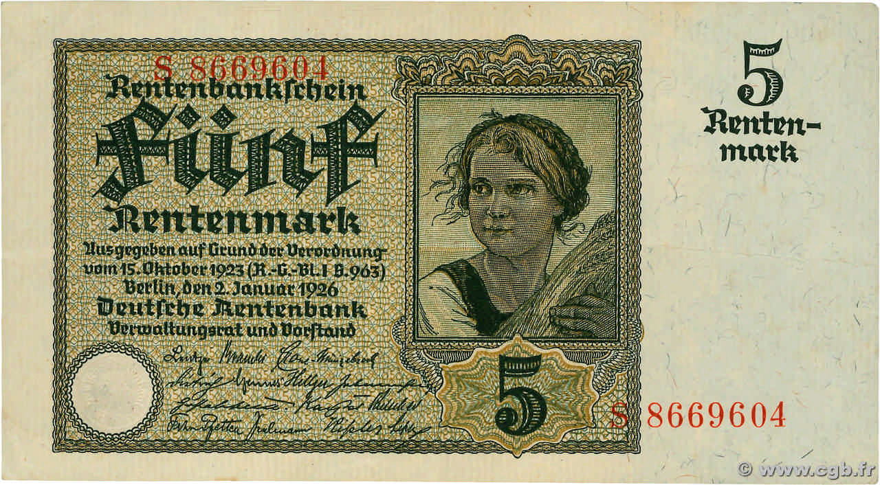 5 Rentenmark GERMANY  1926 P.169 VF+