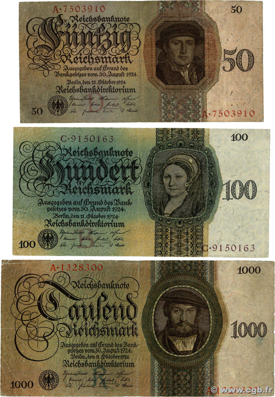 50, 100 et 1000 Reichsmark Lot ALLEMAGNE  1924 P.177-P.179 TB