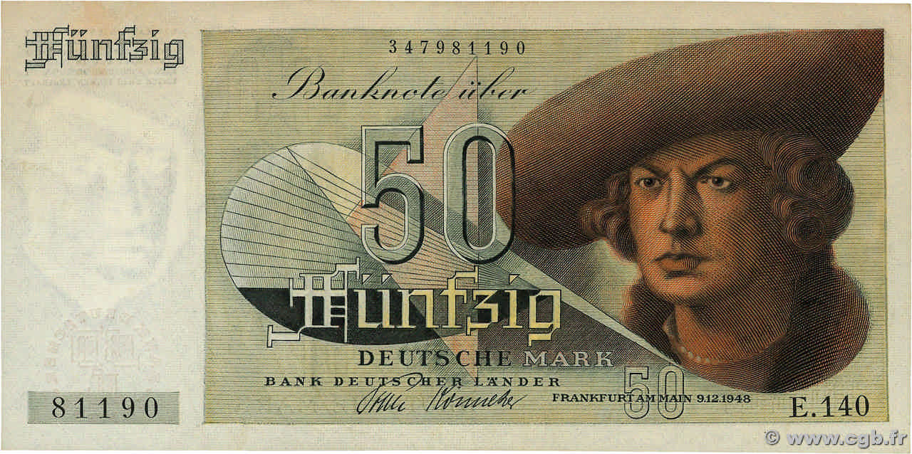 50 Deutsche Mark GERMAN FEDERAL REPUBLIC  1948 P.14a XF+