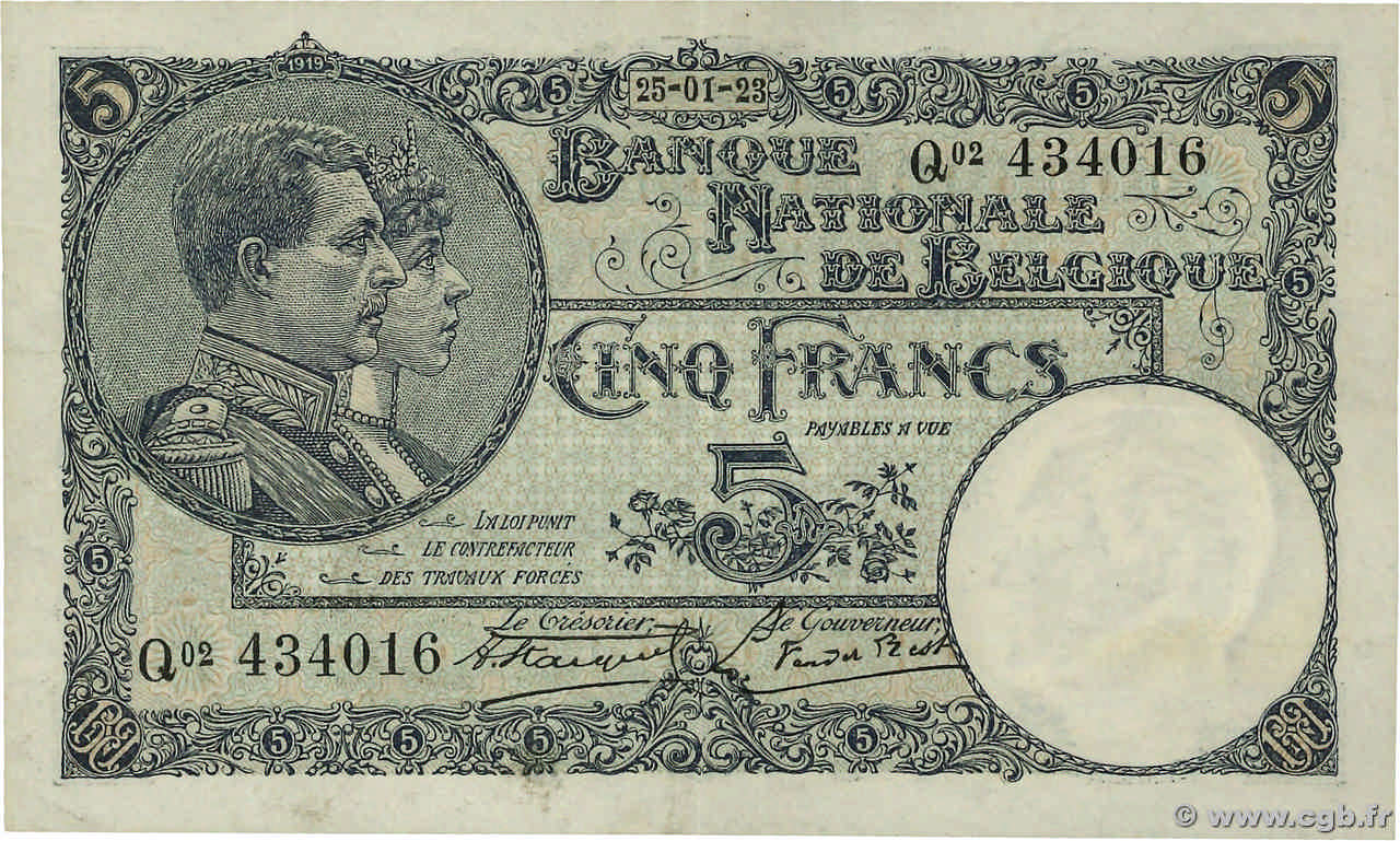 5 Francs BÉLGICA  1923 P.093 MBC+