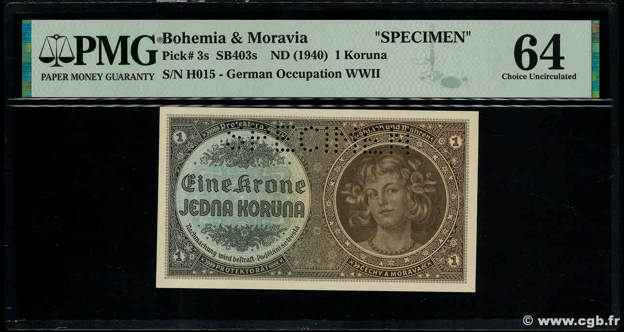 1 Koruna Spécimen BOHEMIA & MORAVIA  1940 P.03s UNC-