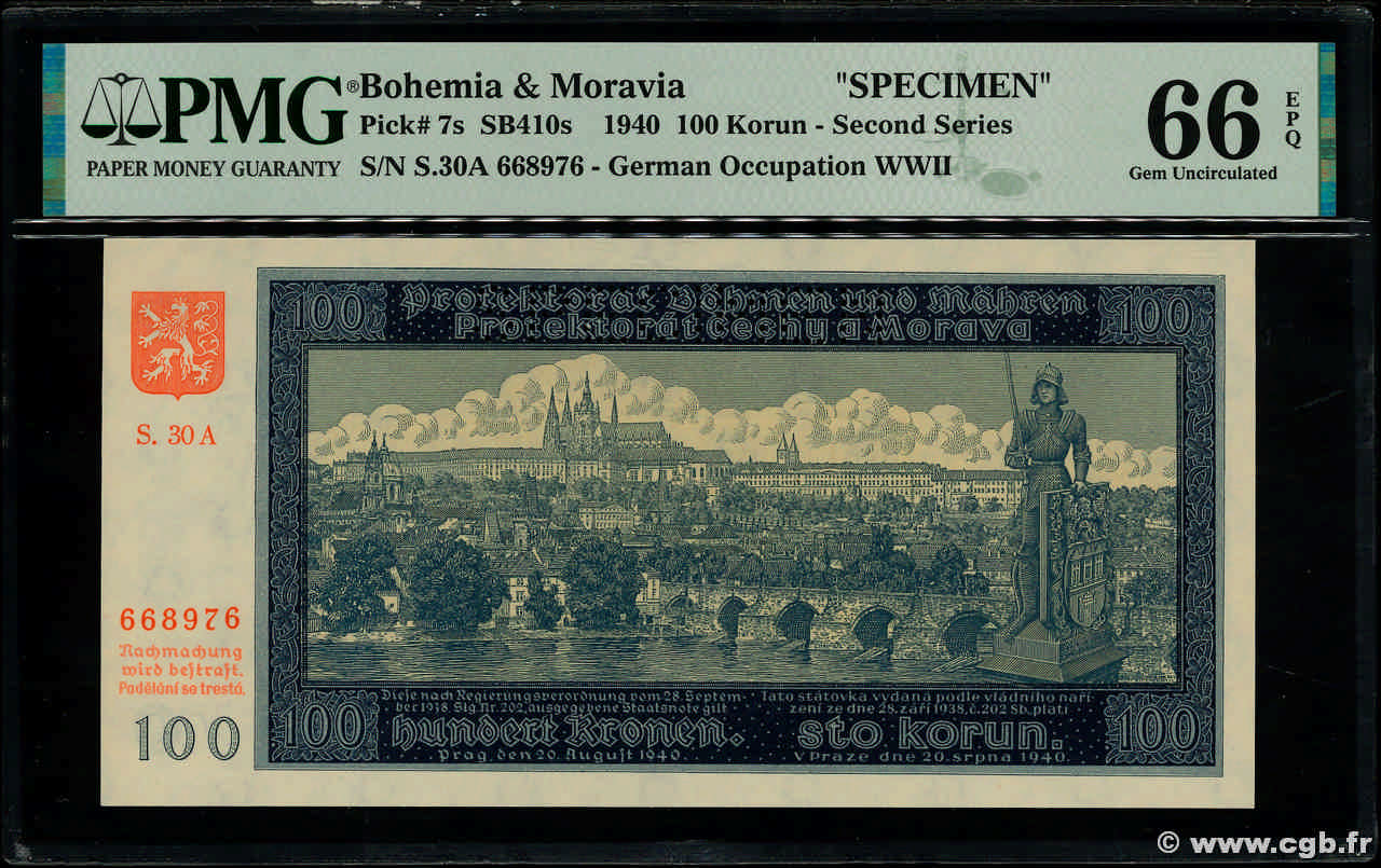 100 Korun Spécimen BOHÊME ET MORAVIE  1940 P.07s NEUF