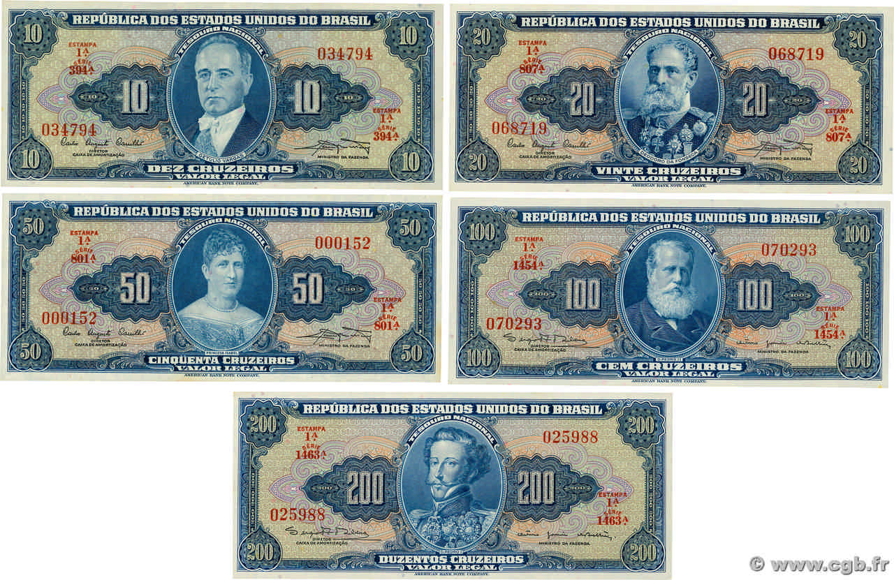 10, 20, 50, 100 et 200 Cruzeiros Lot BRASILIEN  1961 P.167a, P.168a, P.169, P.170b et P.171c ST