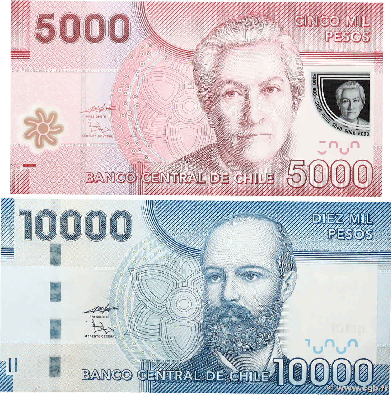 5000 et 10000 Pesos Lot CHILI  2009 P.163a et P.164a NEUF