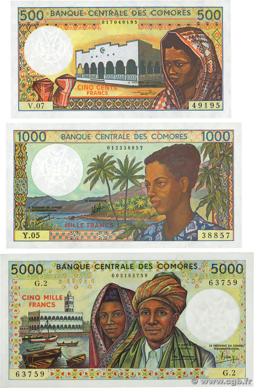 500? 1000 et 5000  Francs Lot COMORES  1994 P.10b, P.11b et P.12a NEUF