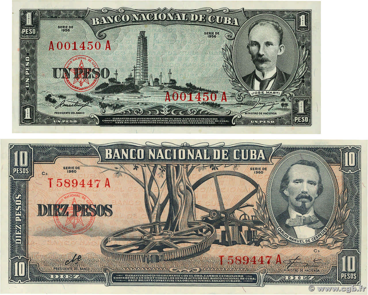 1 et 10 Pesos Lot CUBA  1960 P.087a et P.088c UNC-