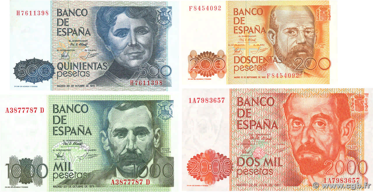 200, 500, 1000 et 2000 Pesetas Lot ESPAGNE  1979 P.156, P.157, P.158 et P.159
 pr.NEUF