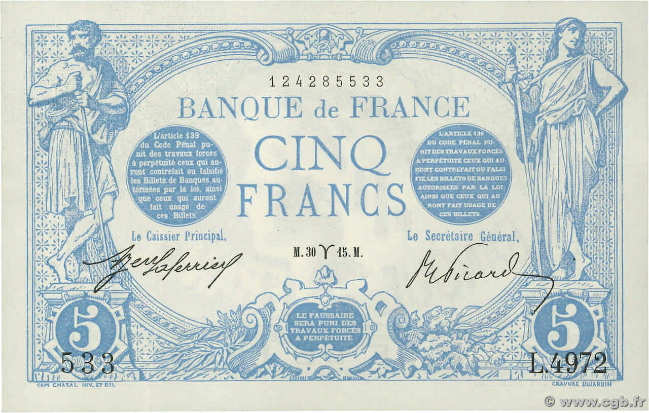 5 Francs BLEU FRANKREICH  1915 F.02.25 ST