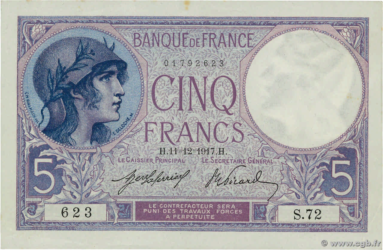 5 Francs FEMME CASQUÉE FRANCIA  1917 F.03.01 SPL+