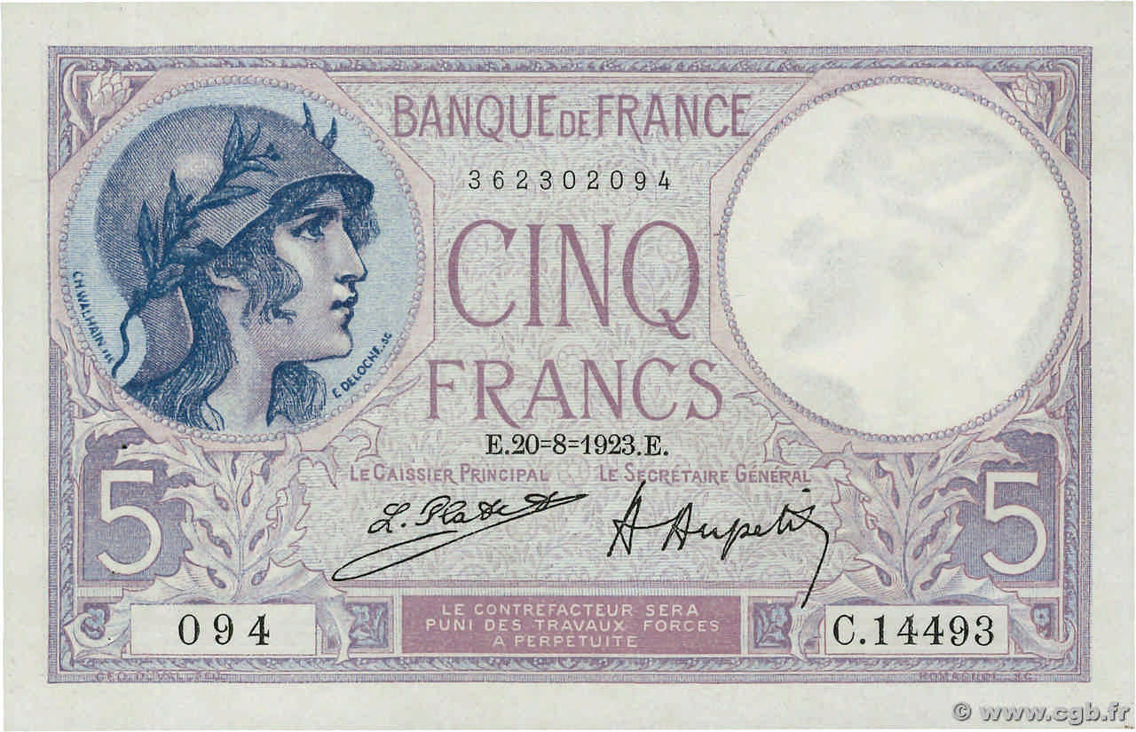 5 Francs FEMME CASQUÉE FRANCE  1923 F.03.07 pr.SPL