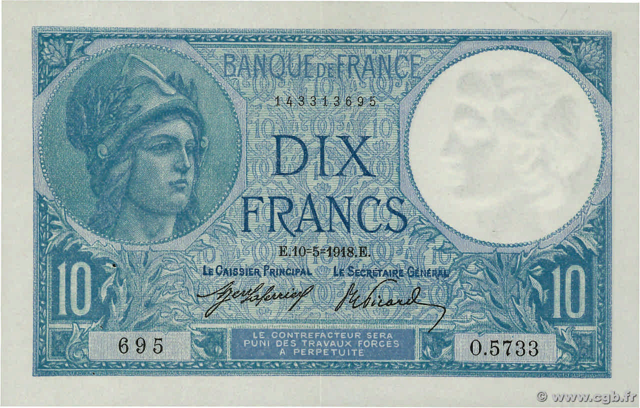 10 Francs MINERVE FRANKREICH  1918 F.06.03 VZ