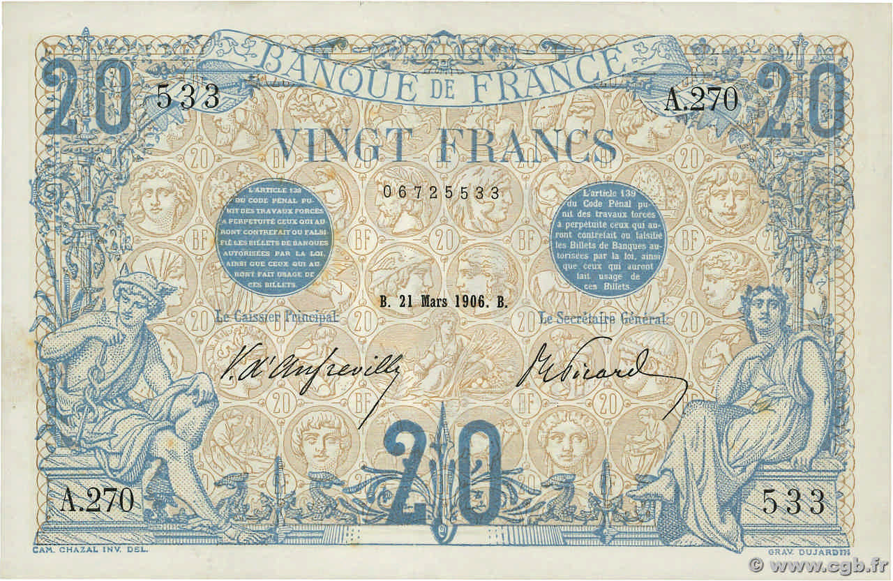 20 Francs BLEU FRANCE  1906 F.10.01 VF