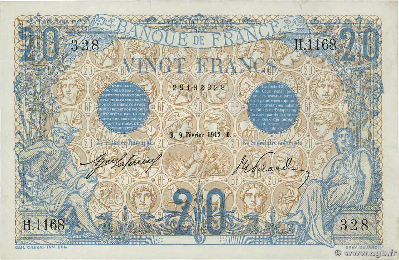 20 Francs BLEU FRANKREICH  1912 F.10.02 fVZ
