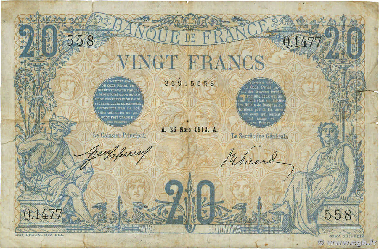 20 Francs BLEU FRANKREICH  1912 F.10.02 fS