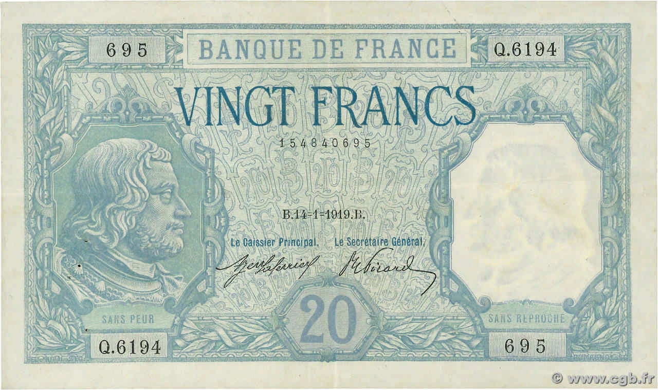 20 Francs BAYARD FRANCE  1919 F.11.04 VF