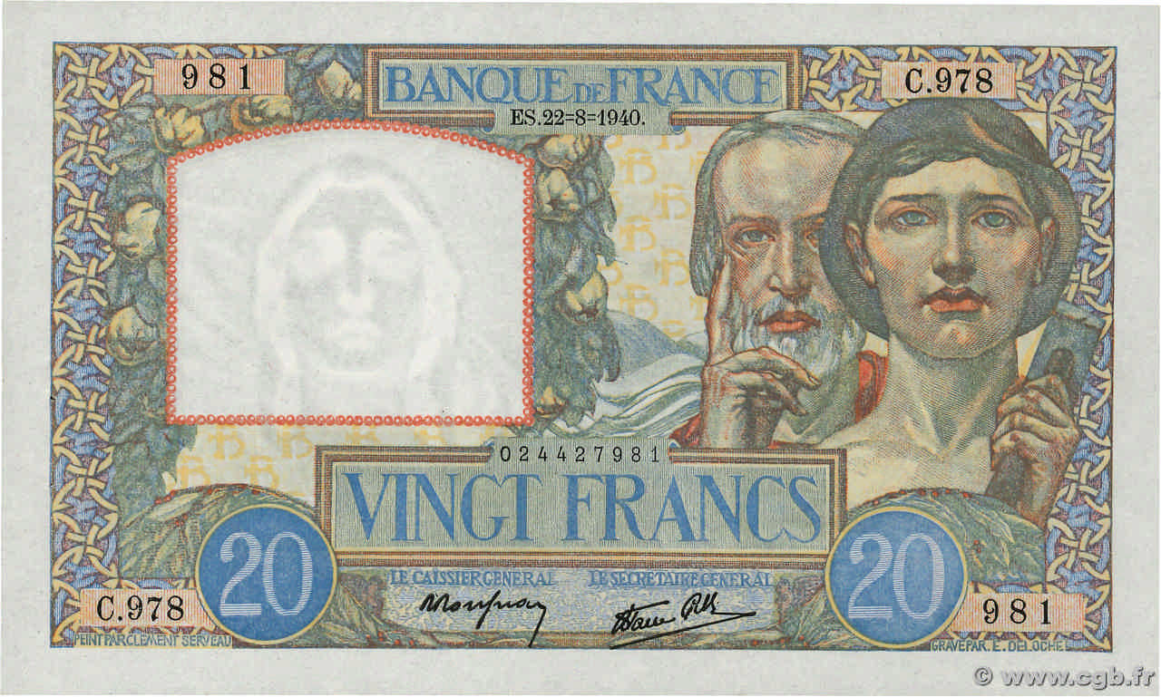 20 Francs TRAVAIL ET SCIENCE FRANCIA  1940 F.12.06 q.AU