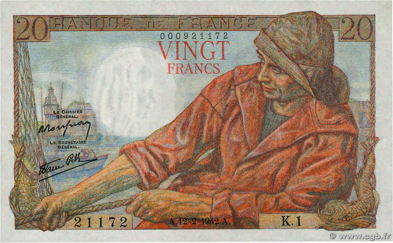 20 Francs PÊCHEUR FRANKREICH  1942 F.13.01 fST+