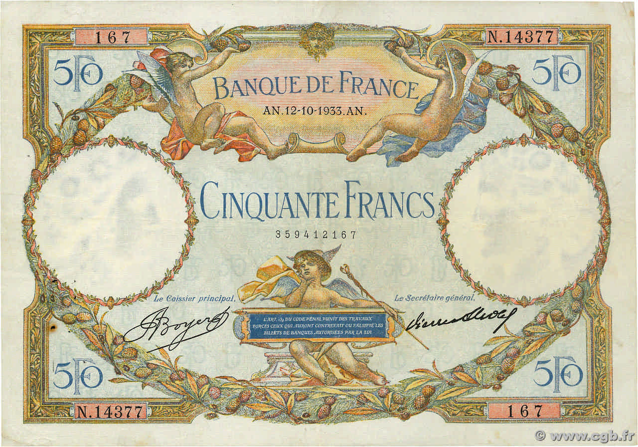 50 Francs LUC OLIVIER MERSON type modifié FRANKREICH  1933 F.16.04 fSS