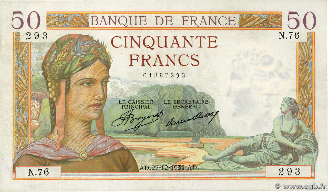 50 Francs CÉRÈS FRANKREICH  1934 F.17.02 SS