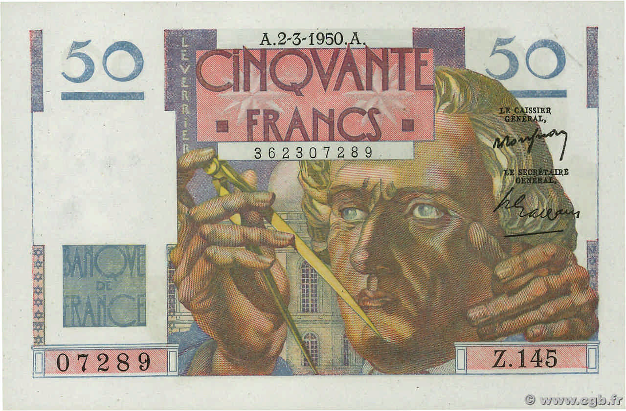 50 Francs LE VERRIER FRANCE  1950 F.20.14 AU+