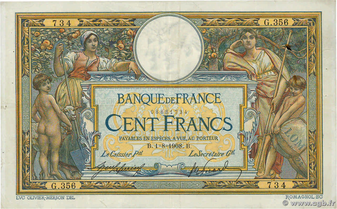 100 Francs LUC OLIVIER MERSON avec LOM FRANCIA  1908 F.22.01 BC+