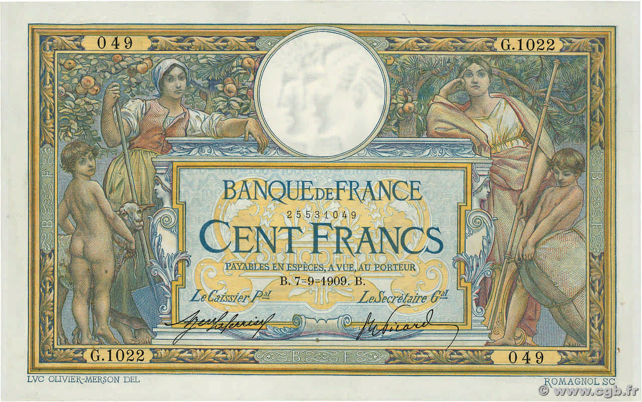 100 Francs LUC OLIVIER MERSON sans LOM FRANKREICH  1909 F.23.01 fVZ