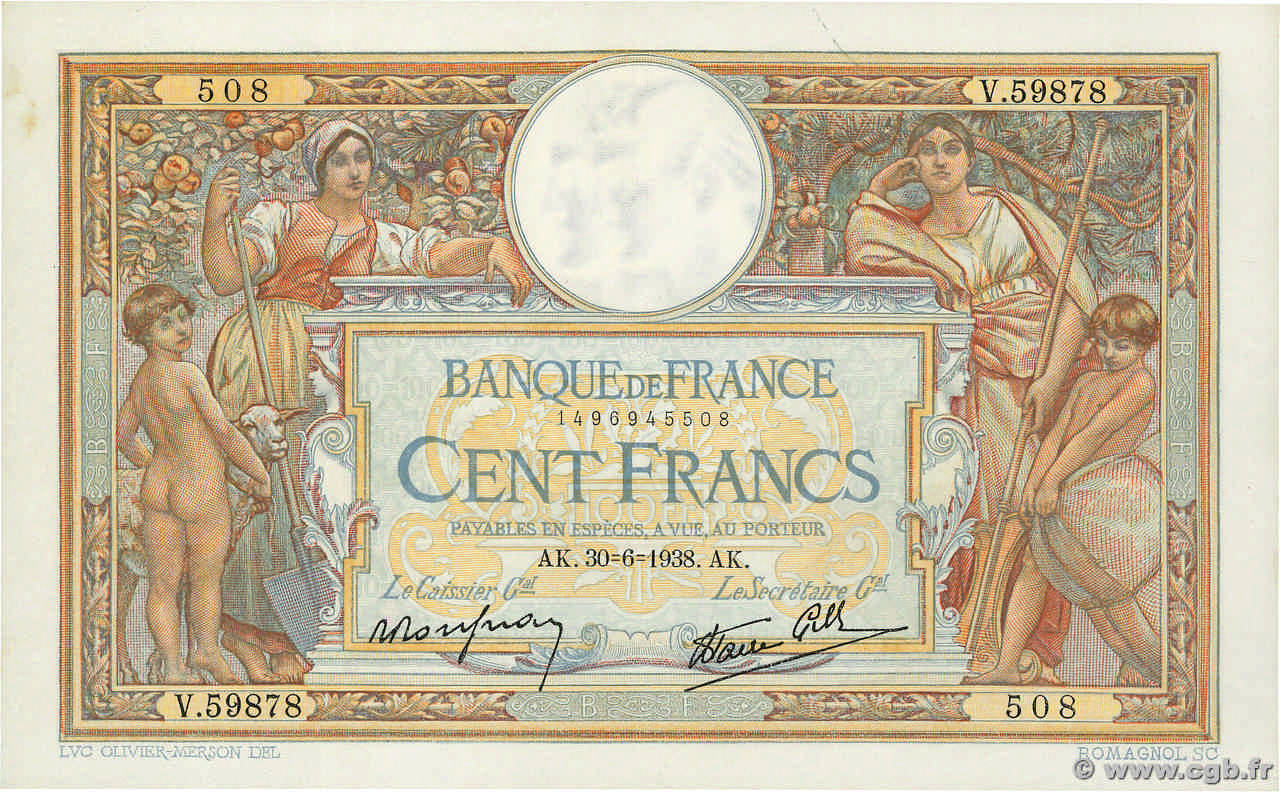 100 Francs LUC OLIVIER MERSON type modifié FRANCIA  1938 F.25.24 SC