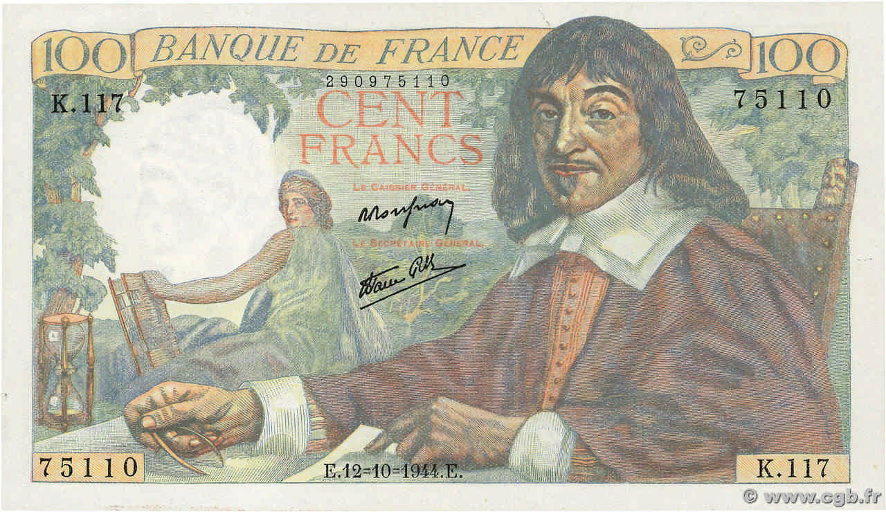 100 Francs DESCARTES FRANCE  1944 F.27.08 pr.SPL