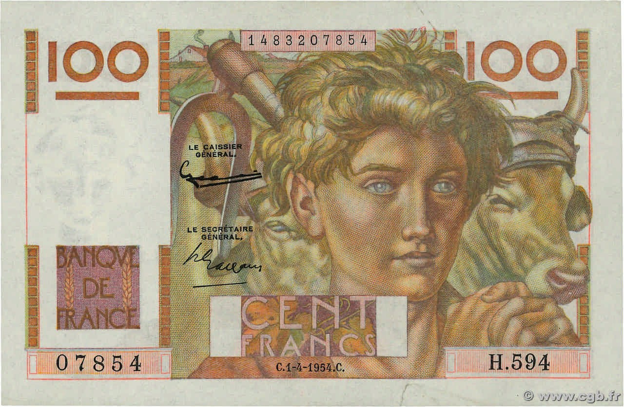 100 Francs JEUNE PAYSAN filigrane inversé FRANCIA  1954 F.28bis.06 MBC+