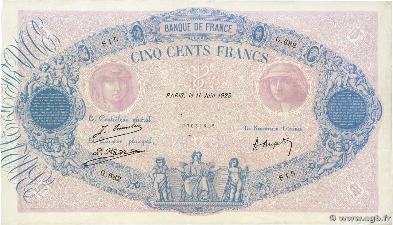 500 Francs BLEU ET ROSE FRANCE  1923 F.30.27 pr.TTB