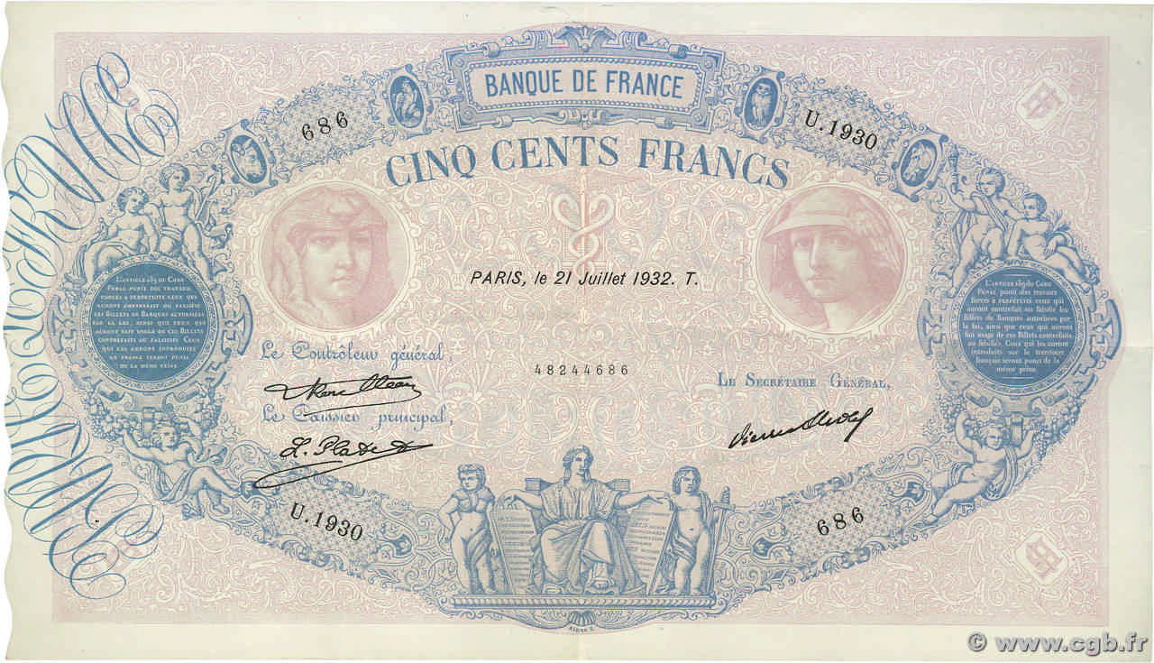 500 Francs BLEU ET ROSE FRANCE  1932 F.30.35 XF-