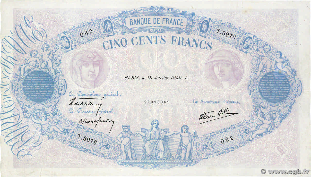 500 Francs BLEU ET ROSE modifié FRANKREICH  1940 F.31.57 fSS