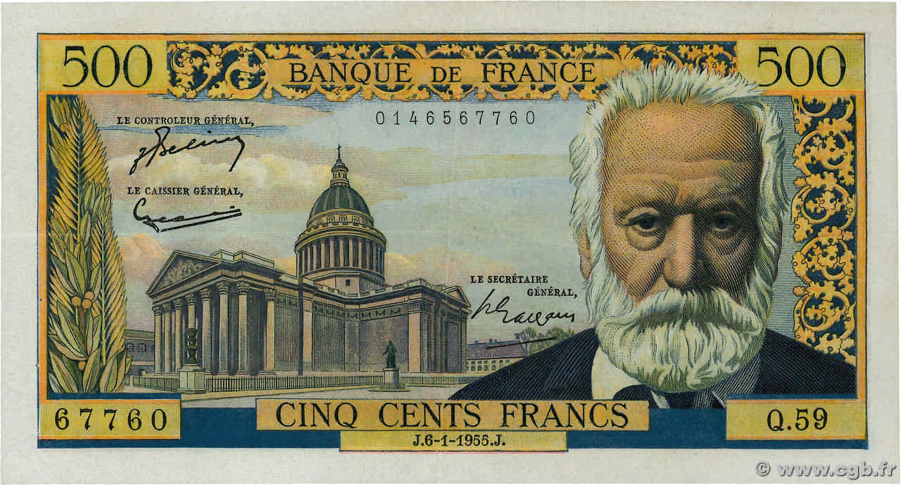 500 Francs VICTOR HUGO FRANCE  1955 F.35.04 SUP