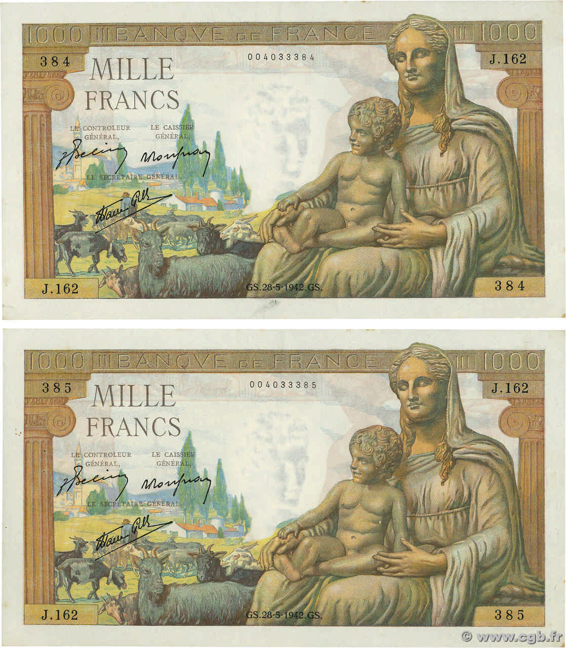 1000 Francs DÉESSE DÉMÉTER Consécutifs FRANCE  1942 F.40.01 pr.SUP
