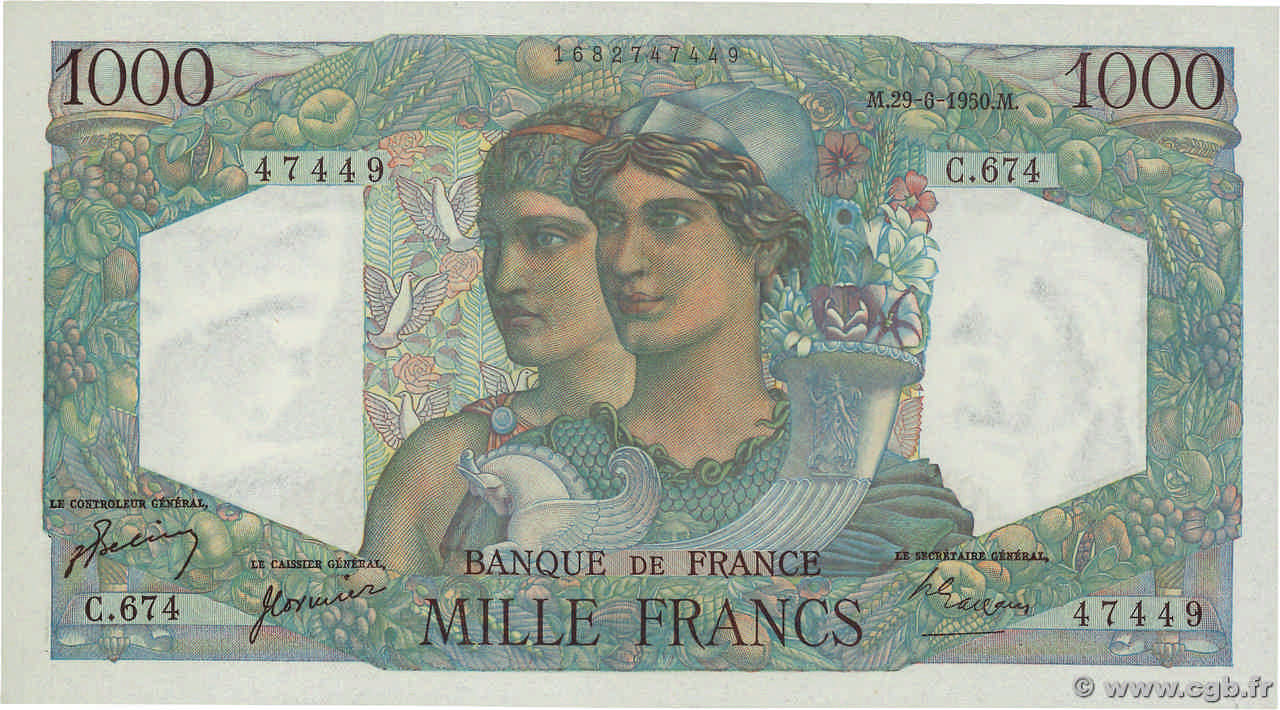 1000 Francs MINERVE ET HERCULE FRANKREICH  1950 F.41.33 VZ+