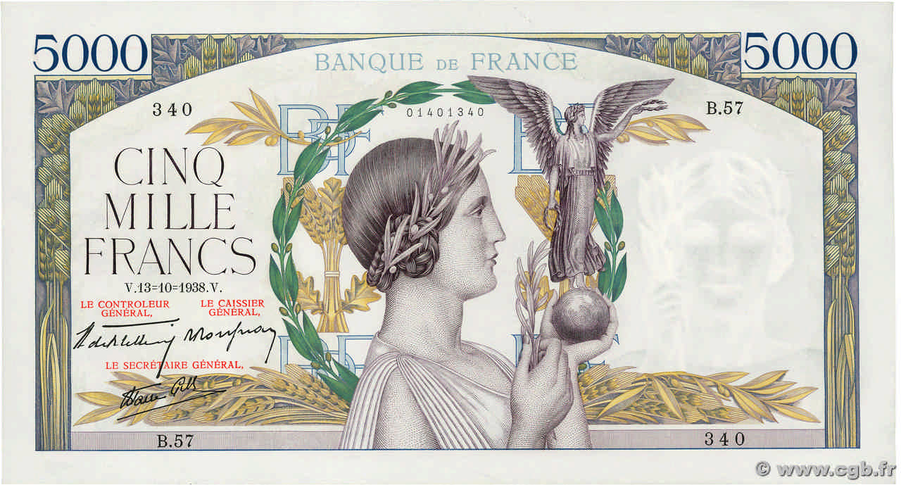 5000 Francs VICTOIRE modifié, taille douce FRANKREICH  1938 F.45.01 fST