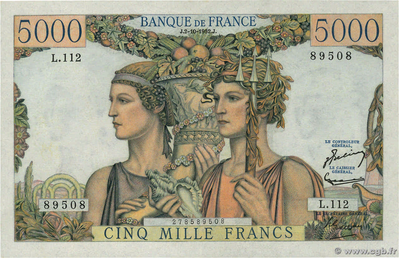 5000 Francs TERRE ET MER FRANKREICH  1952 F.48.07 VZ+