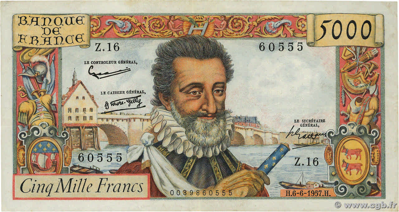 5000 Francs HENRI IV FRANCE  1957 F.49.02 TB+