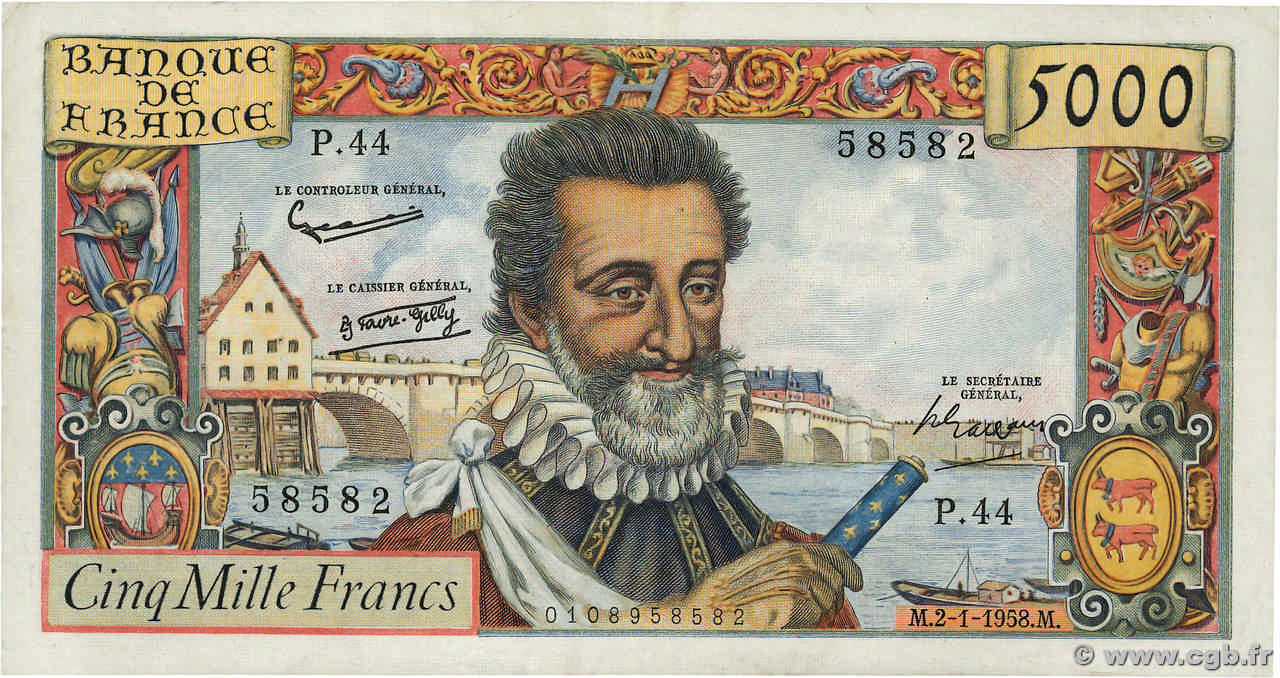 5000 Francs HENRI IV FRANCE  1958 F.49.05 pr.TTB