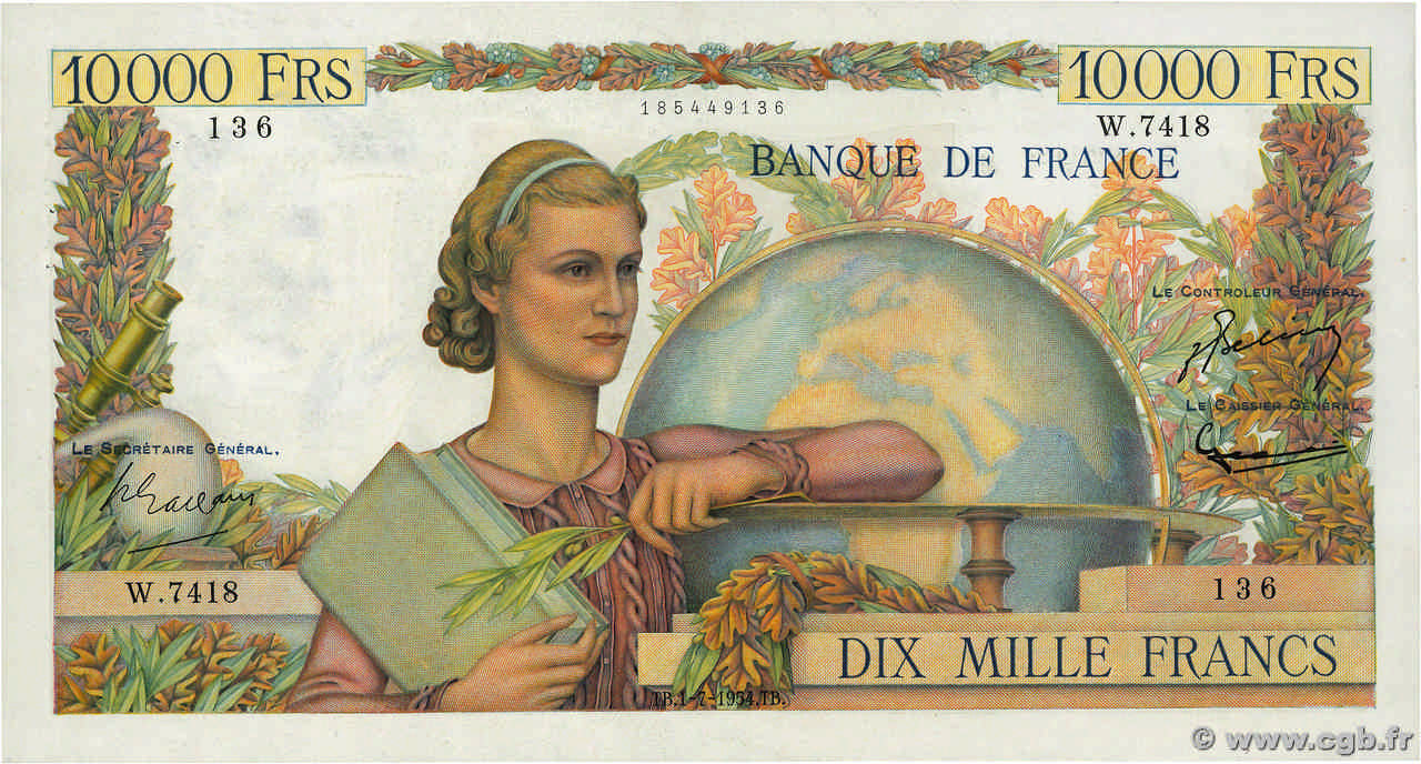10000 Francs GÉNIE FRANÇAIS FRANCIA  1954 F.50.71 EBC